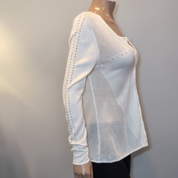 Laura Open Mesh Knit Cardigan Buttoned Front Eyelet Ivory White Sweater Medium - Picture 7 of 10